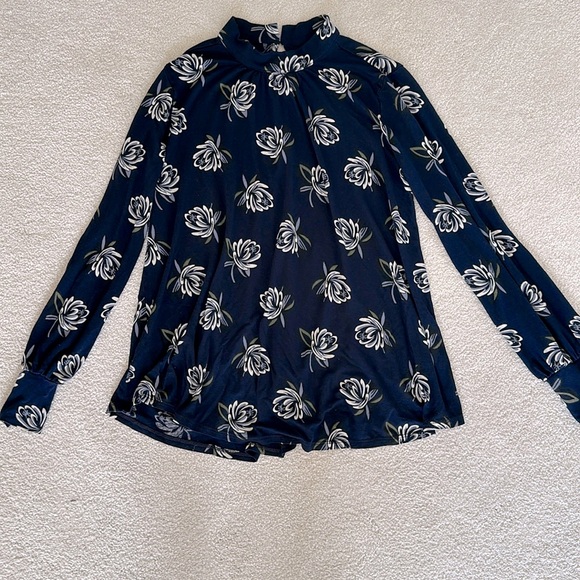 LOFT Tops - LOFT Navy Floral-Print Mockneck Blouse